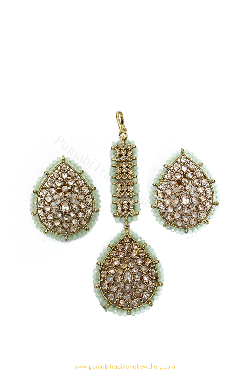 Champagne Stone Mint Studs & Tikka Set By PTJ