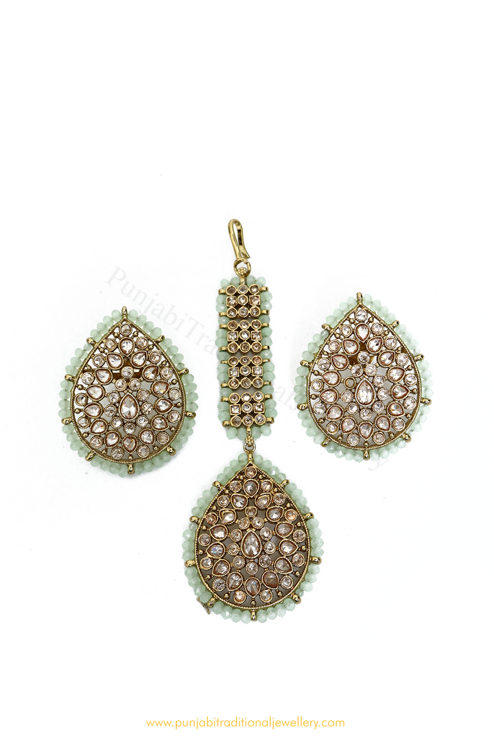 Champagne Stone Mint Studs & Tikka Set By PTJ