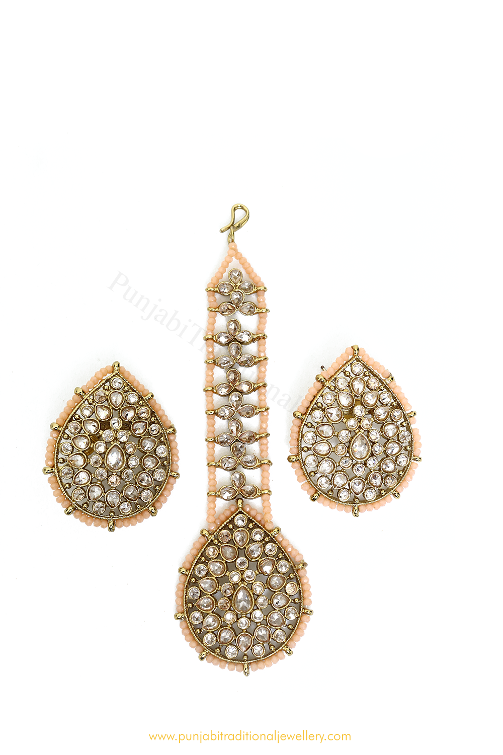 Champagne Stone Peach Studs & Tikka Set By PTJ
