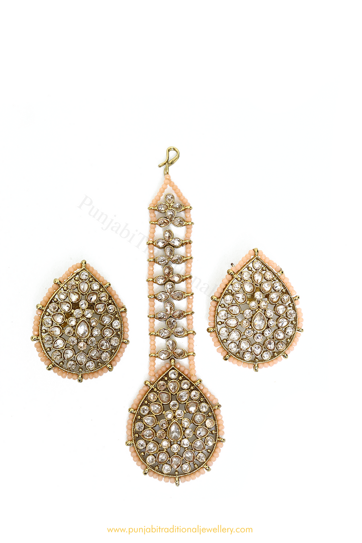Champagne Stone Peach Studs & Tikka Set By PTJ