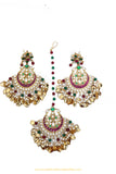 Gold Finished Rubby Emerald Kundan Earrings & Tikka Set By PTJ