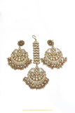 Gold Finished Pearl Kundan Earrings & Tikka Set By PTJ