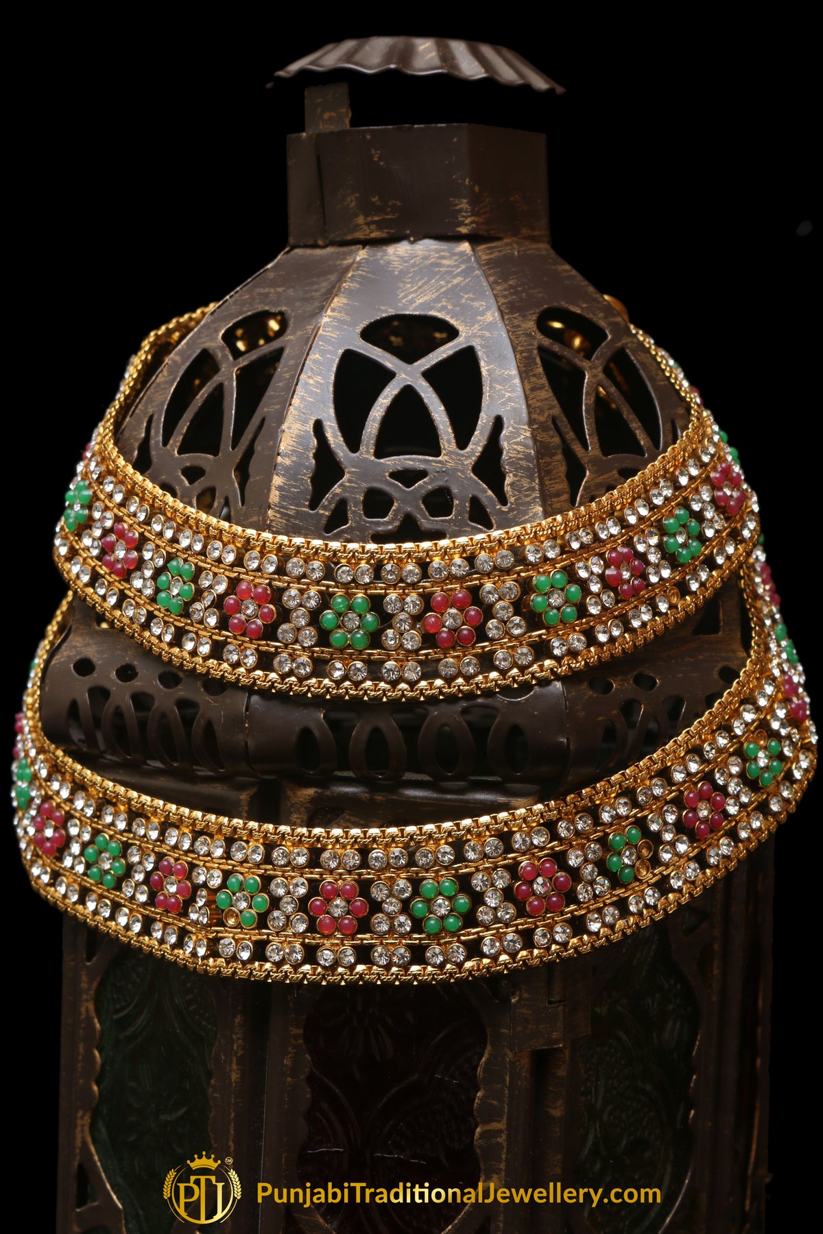 Red &  Green Antique Gold, Polki Payal By Punjabi Traditional Jewellery