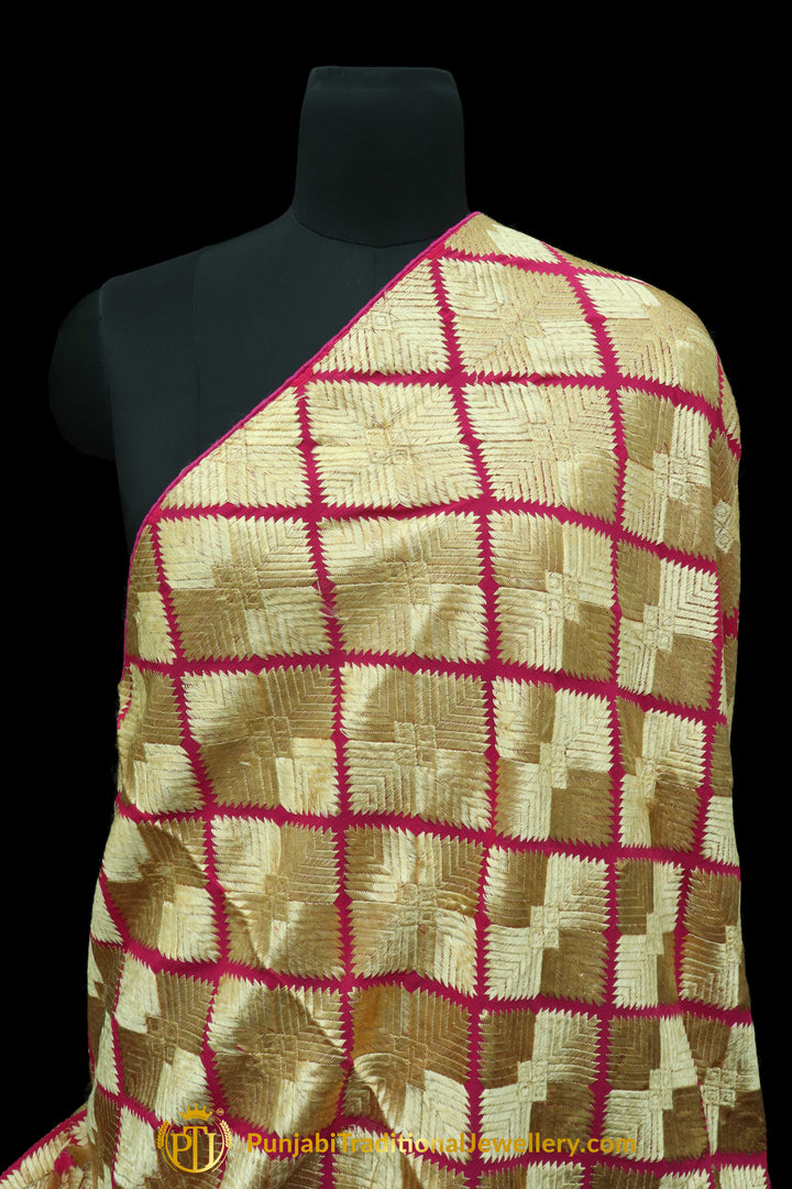 Golden & Pink Pure Phulkari Dupatta By Punjabi Traditional Jewellery