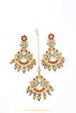 Gold Finished Rubby Firoza Kundan Earring & Tikka Set By PTJ