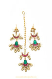 Gold Finished Rubby Emerald Kundan Earring & Tikka Set By PTJ