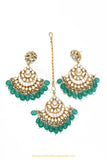 Gold Finished Emerald Kundan Earring & Tikka Set By PTJ