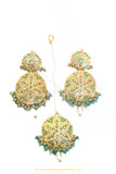 Gold Finished Firoza Jadau Earring Tikka Set By PTJ