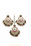 Gold Finished Rubby Emerald Kundan Earring & Tikka Set By PTJ