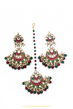 Gold Finished Rubby Emerald Kundan Earring & Tikka Set By PTJ