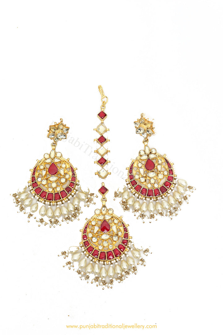 Gold Finished Rubby Kundan Earring & Tikka Set By PTJ