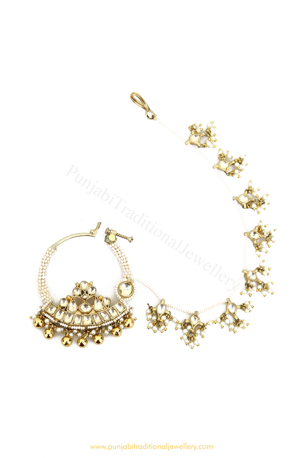 Gold Finished Pearl Kundan Nath By PTJ