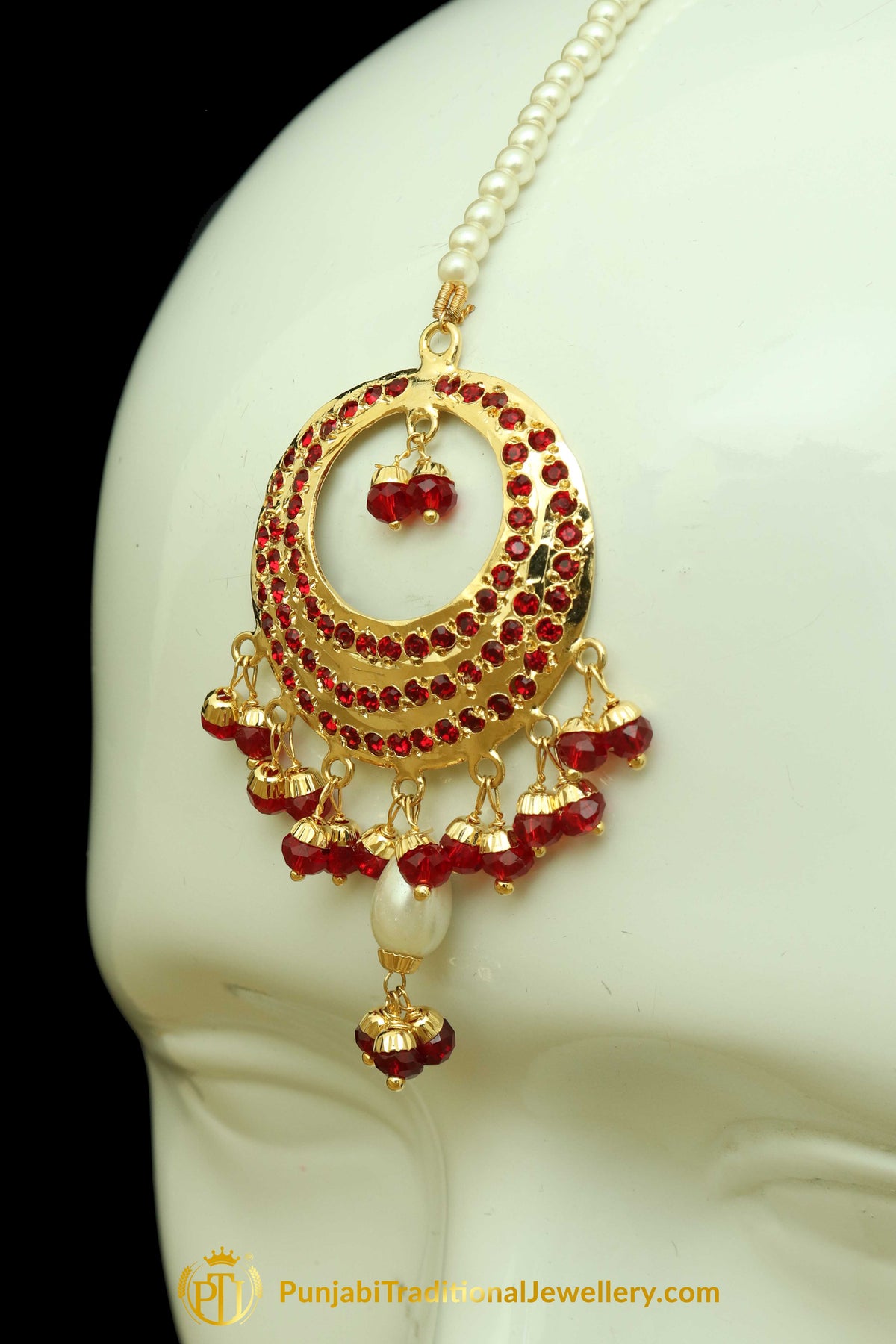 Red Jadau Pearl Earring Tikka Set By Punjabi Traditional Jewellery