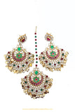 Gold Finished Rubby Emerald Kundan Earring & Tikka Set By PTJ