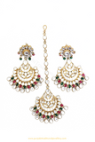 Gold Finished Rubby Emerald Kundan Earring & Tikka Set By PTJ