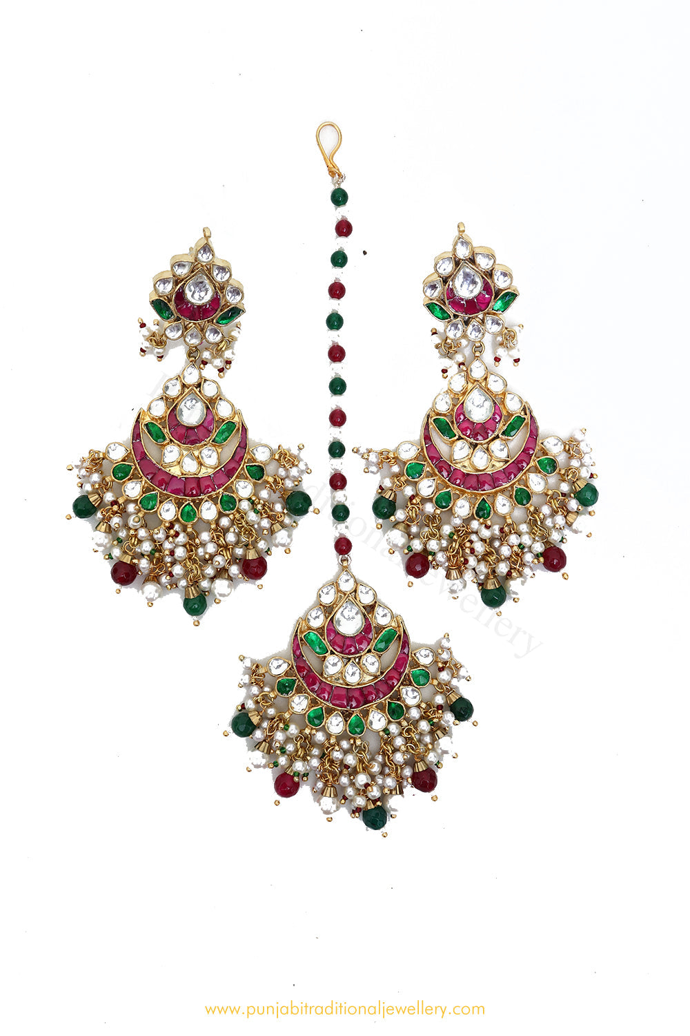 Gold Finished Rubby Emerald Kundan Earring & Tikka Set By PTJ
