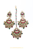 Gold Finished Rubby Emerald Kundan Earring & Tikka Set By PTJ