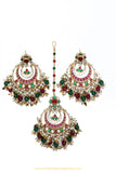 Gold Finished Rubby Emerald Kundan Earring & Tikka Set By PTJ