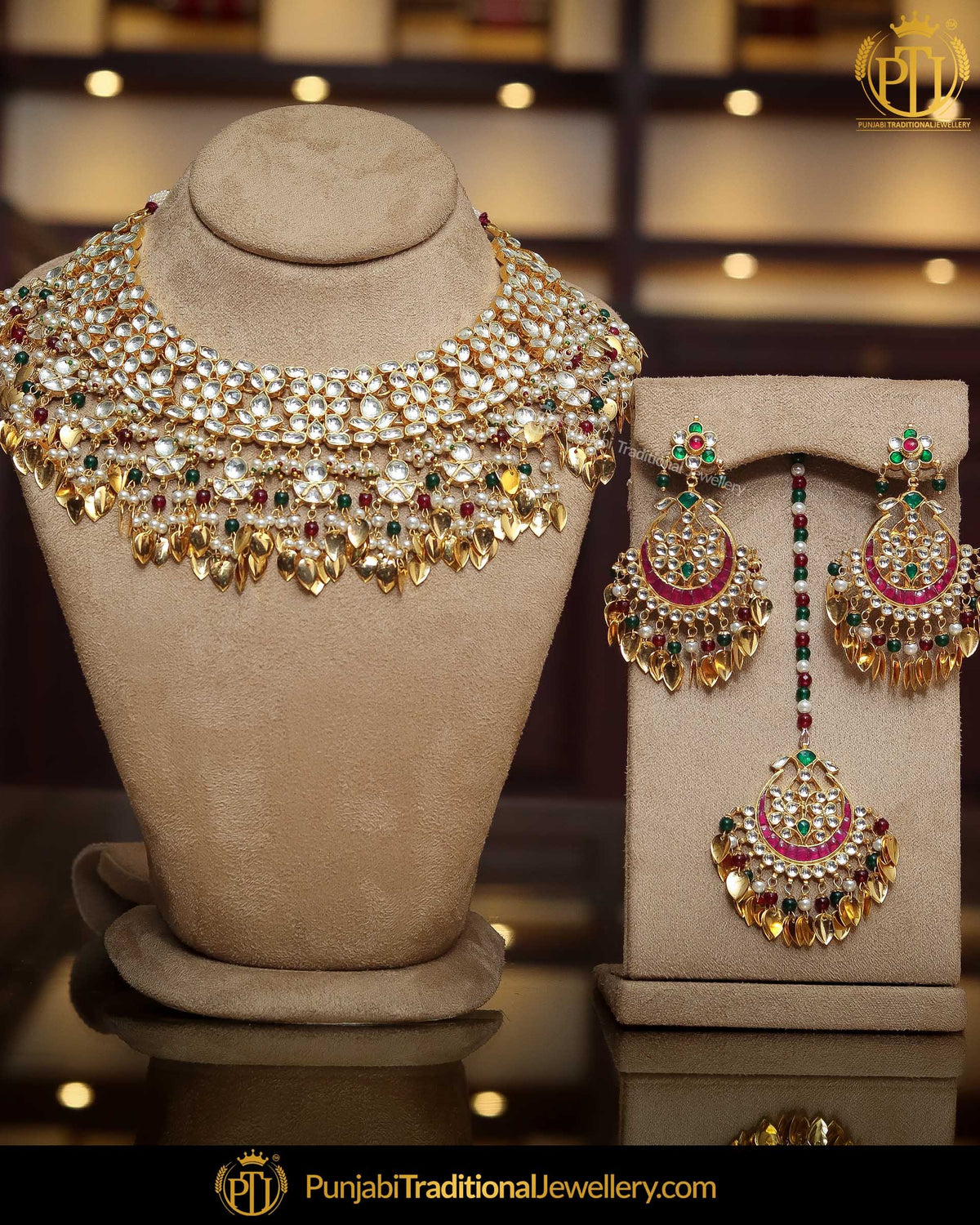 Gold Finished Pippal Patti Rubby Panna Kundan Pearl Necklace Set | Punjabi Traditional Jewellery Exclusive