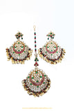 Gold Finished Rubby Emerald Kundan Earring & Tikka Set By PTJ