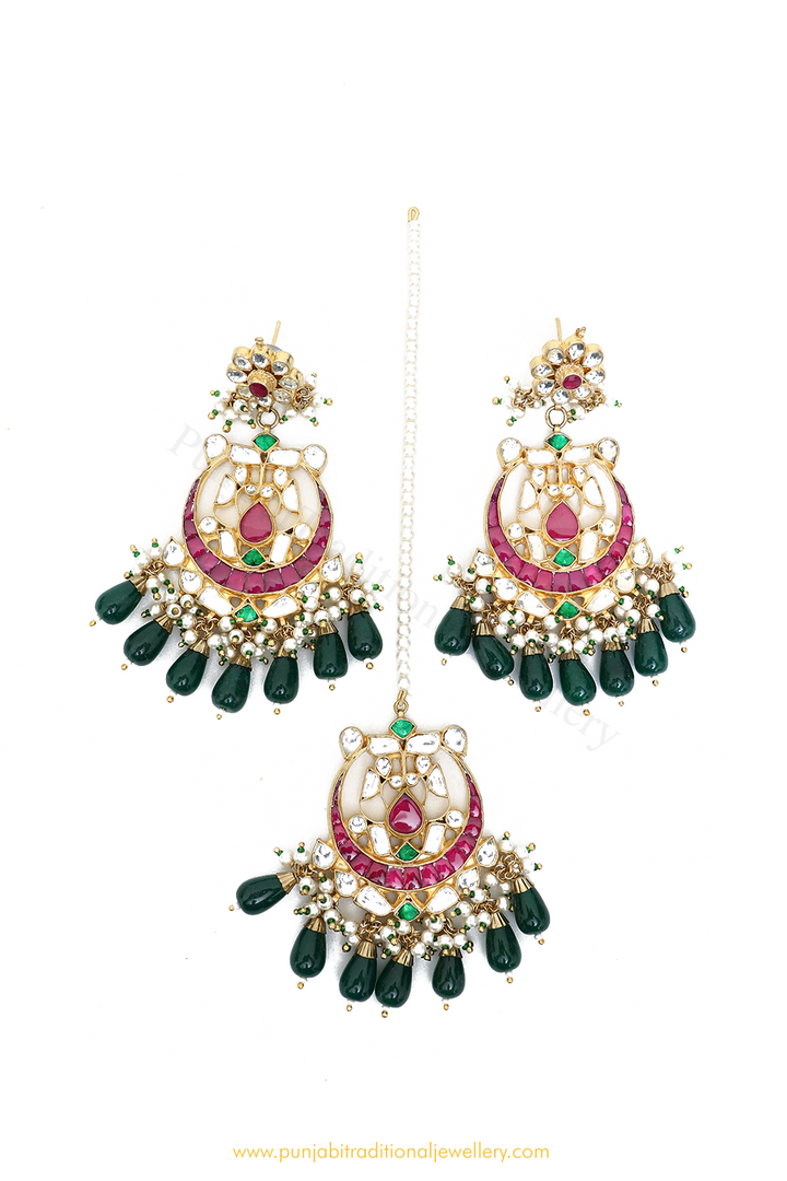 Gold Finished Rubby Emerald Kundan Earring & Tikka Set By PTJ
