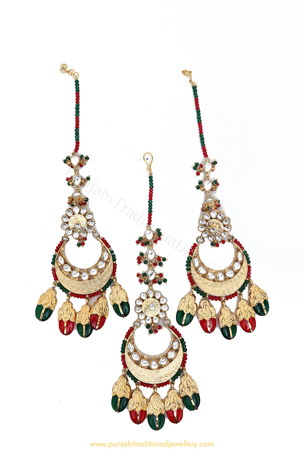 Gold Finished Rubby Emerald Kundan Earring & Tikka Set By PTJ