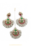 Gold Finished Rubby Emerald Kundan Earring & Tikka Set By PTJ