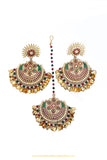 Gold Finished Rubby Emerald Earring & Tikka Set By PTJ