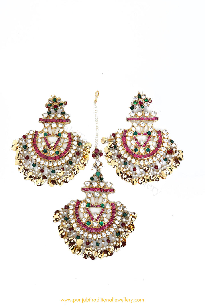 Gold Finished Rubby Emerald Kundan Earring & Tikka Set By PTJ