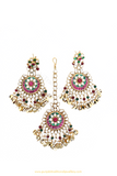 Gold Finished Rubby Emerald Kundan Earring & Tikka Set By PTJ