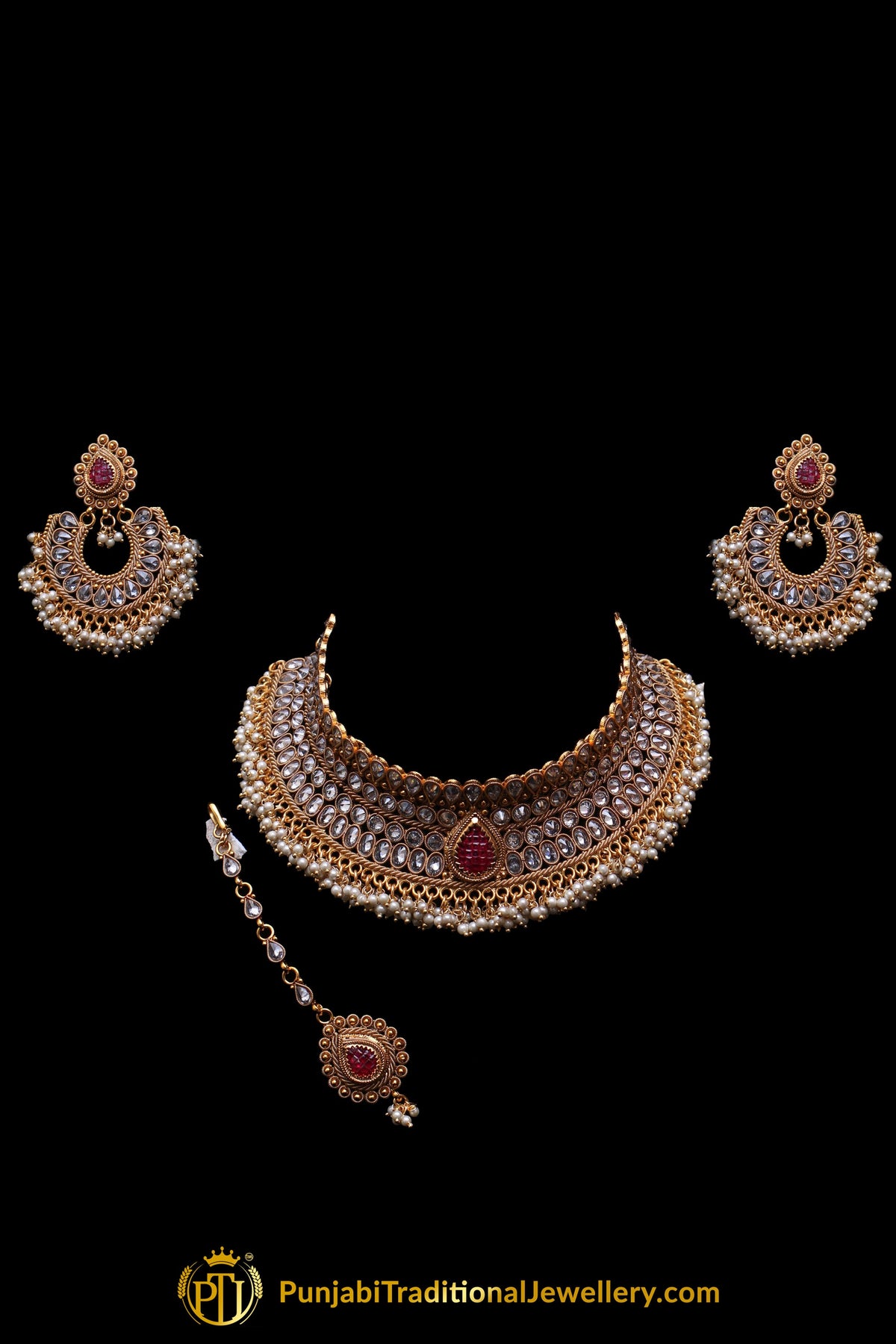 Polki Pearl Choker Necklace Set By Punjabi Traditional Jewellery