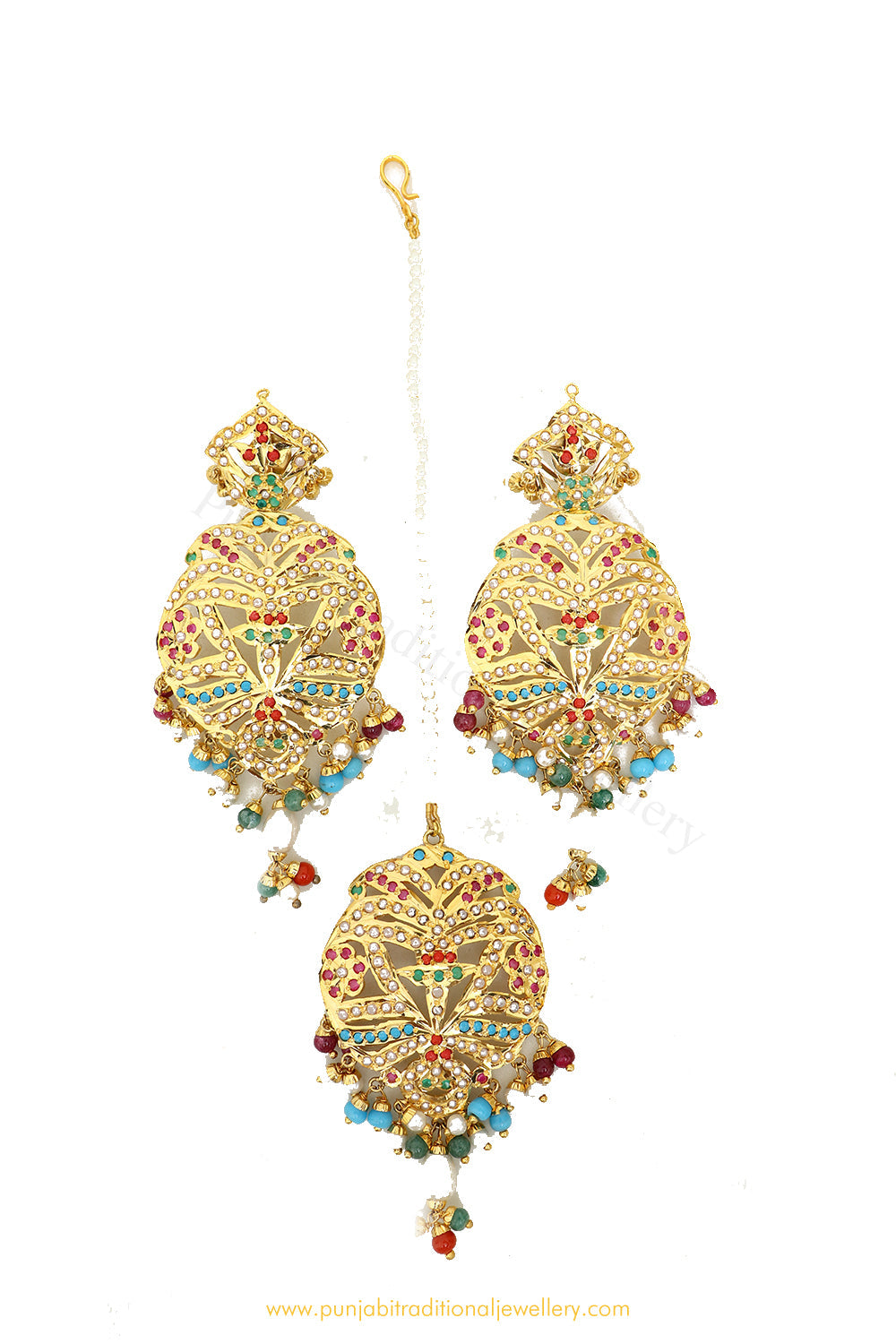 Gold Finished Navratan Jadau Earrings & Tikka Set By PTJ