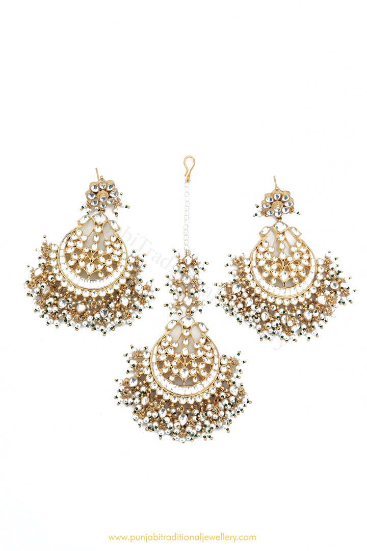 Gold Finished Emerald Kundan Earring Tikka Set By PTJ