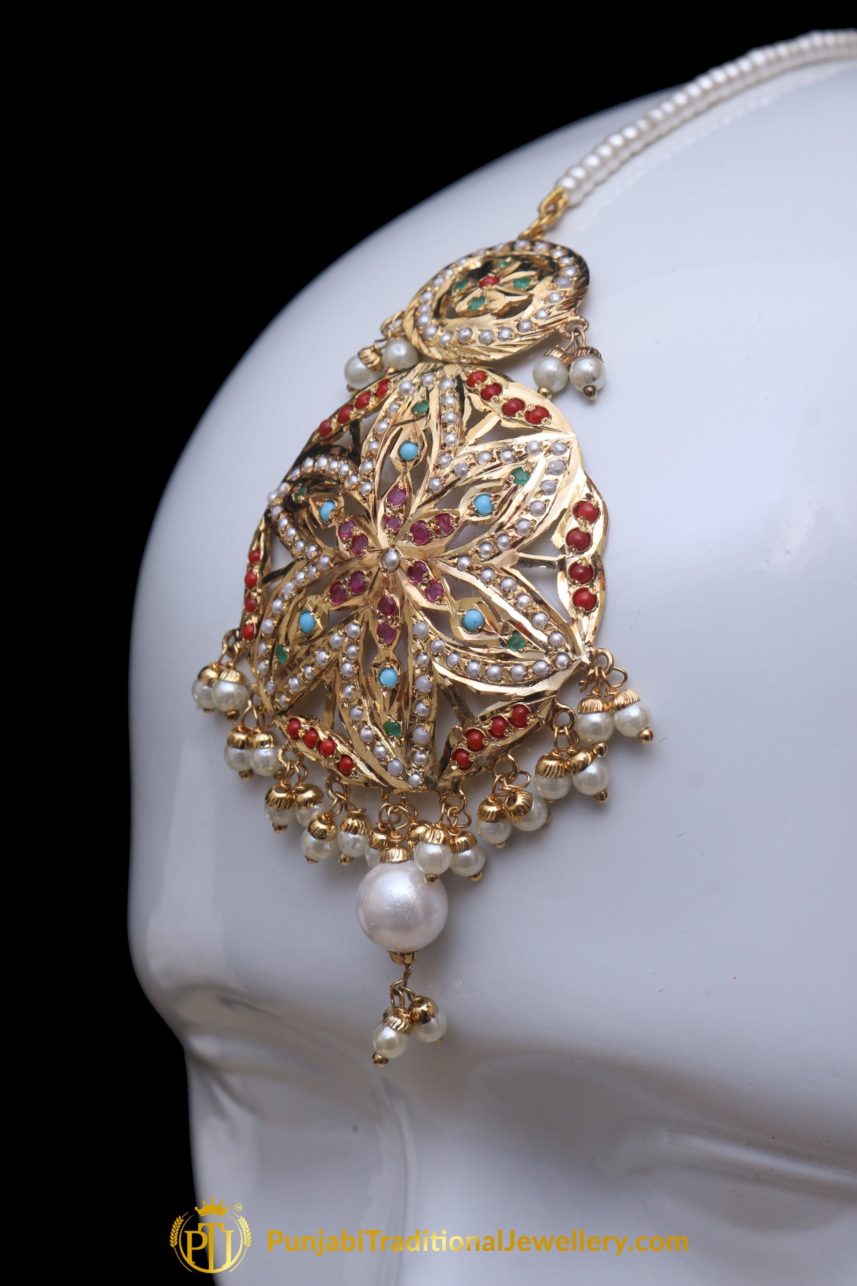 Multi Jadau Pearl Earring Tikka Set By Punjabi Traditional Jewellery