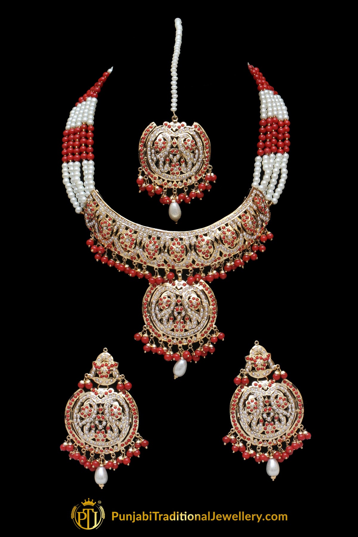 Red Pearl Jadau Necklace Set By Punjabi Traditional Jewellery