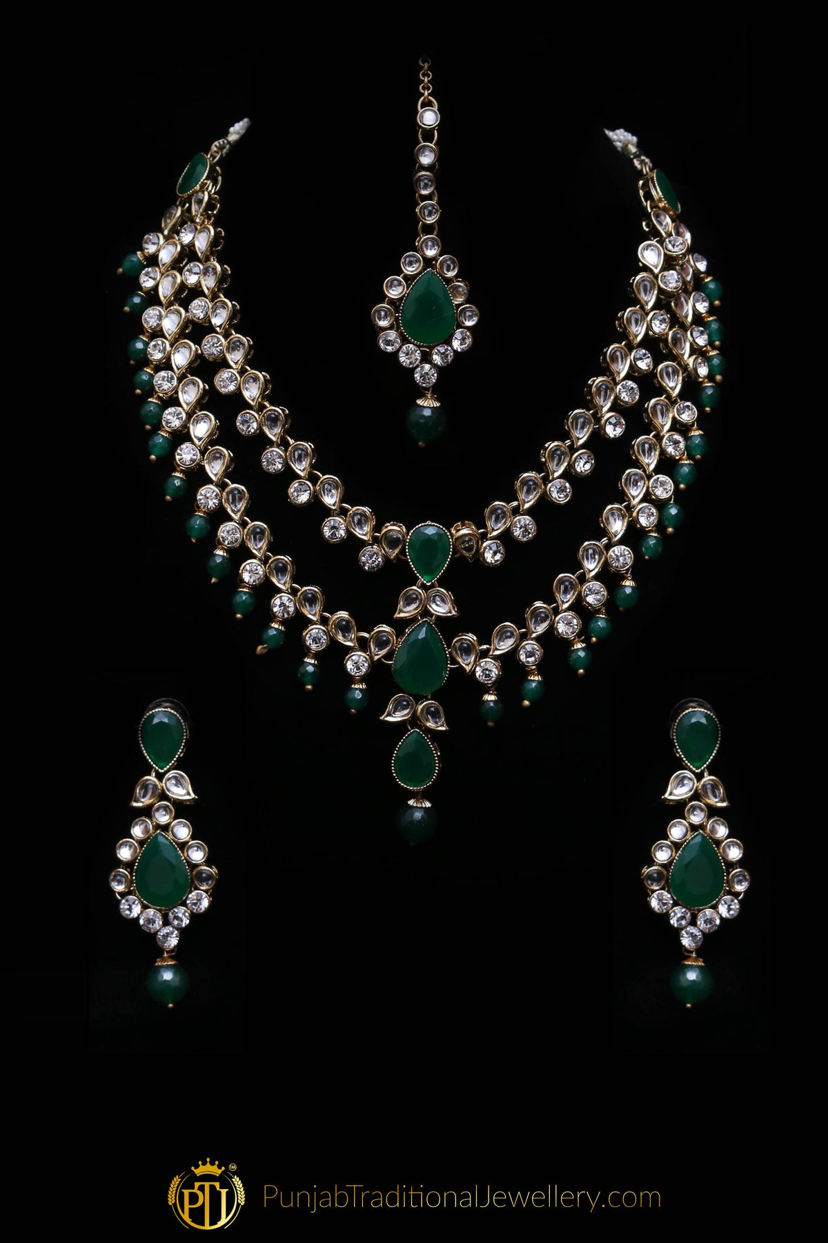 Green Kundan Necklace Set By Punjabi Traditional Jewellery