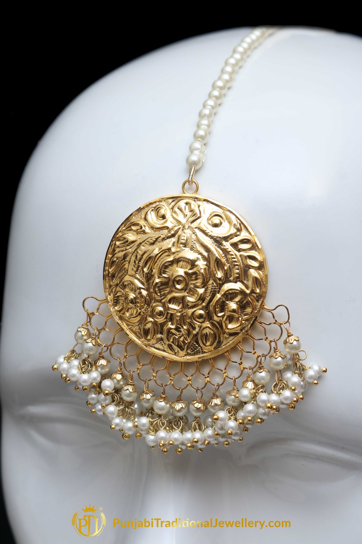 Golden Jadau Jhumki Earrings & Tikka Set By Punjabi Traditional Jewellery
