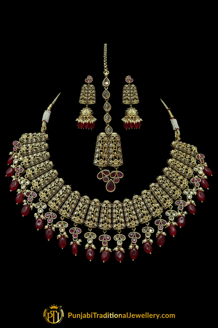 Red Champagne Stone Necklace Set By Punjabi Taditional Jewellery