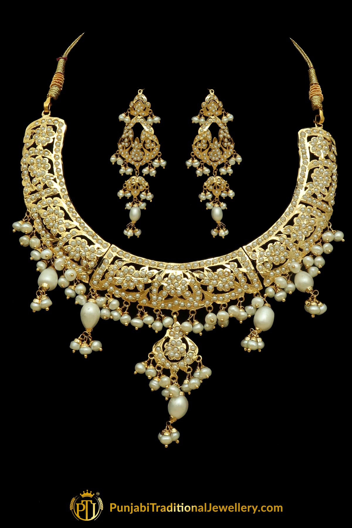 Golden Jadau Pearl Necklace Set By Punjabi Traditional Jewellery