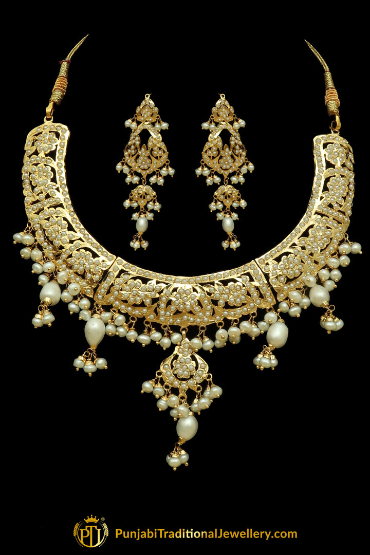 Golden Jadau Pearl Necklace Set By Punjabi Traditional Jewellery