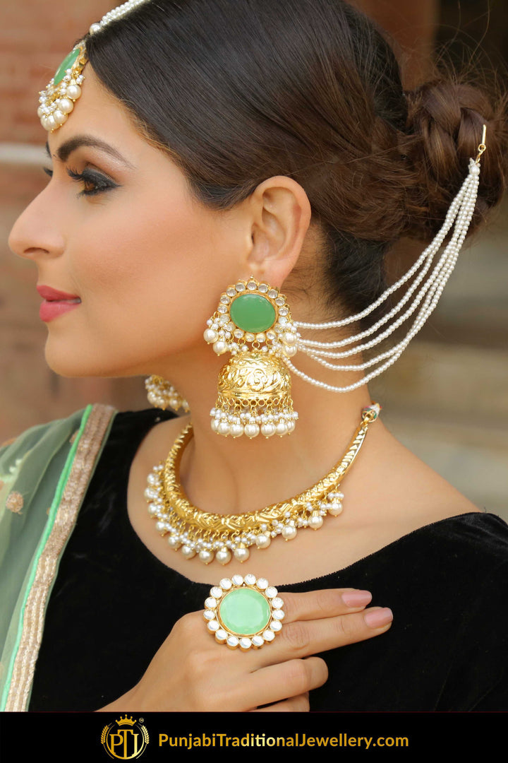Hazimah Gold Finished New Jade Hasli Necklace, Ring, Tikka With Sahare Earrings | Punjabi Traditional Jewellery Exclusive