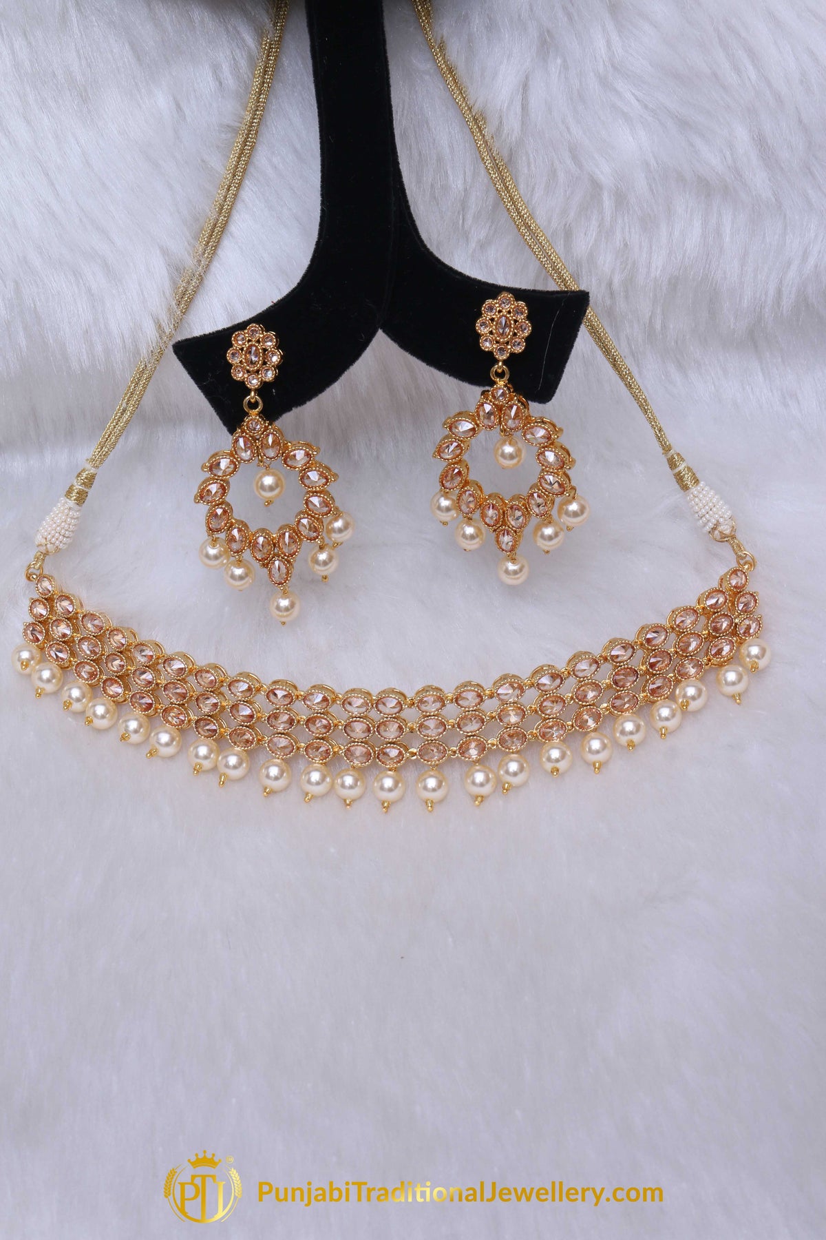 Pearl Champagne Stone Necklace Set By Punjabi Taditional Jewellery