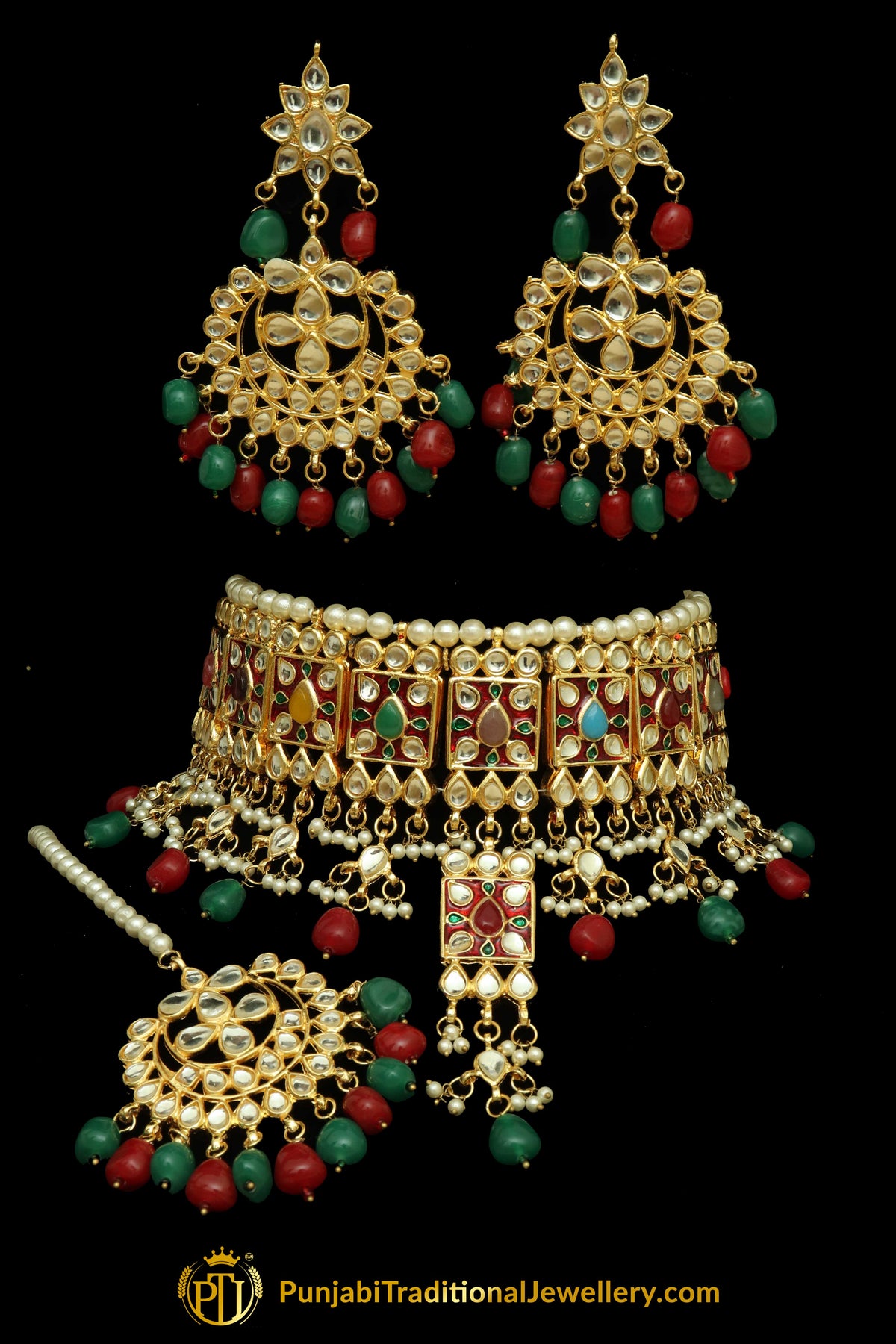 Multi Meena Kundan Pearl Choker Necklace Set By Punjabi Traditional Jewellery