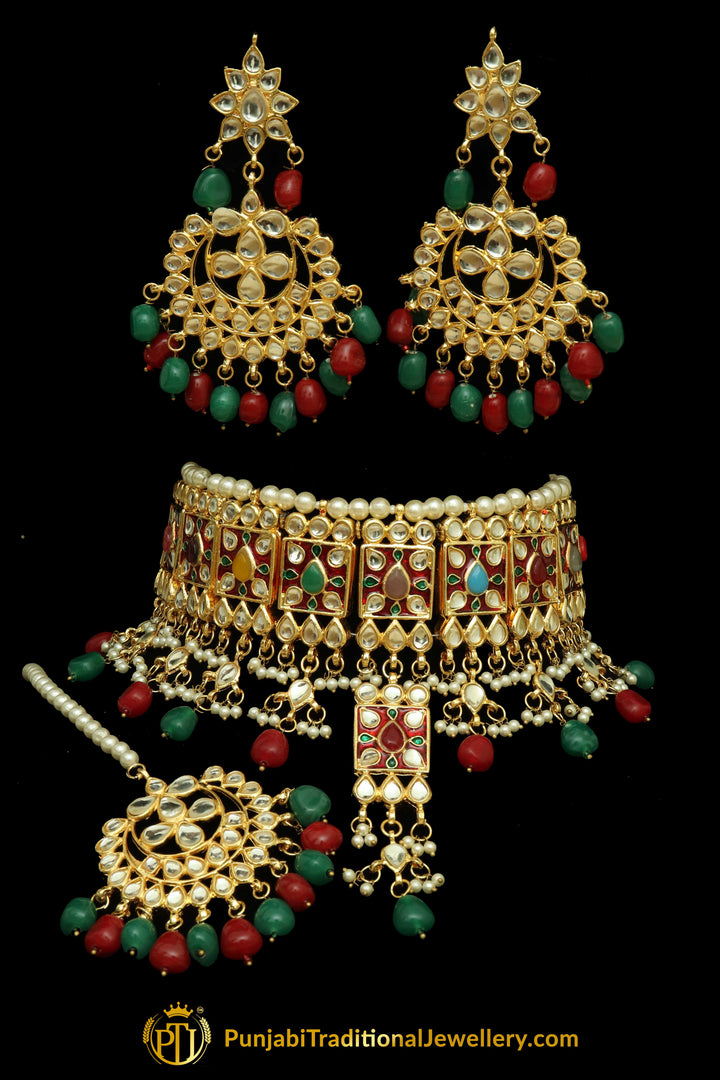 Multi Meena Kundan Pearl Choker Necklace Set By Punjabi Traditional Jewellery