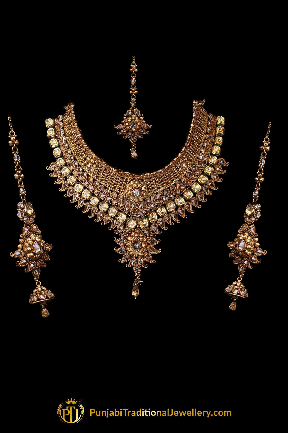 Antique Gold Choker Polki/Kundan Necklace Set By Punjabi Traditional Jewellery