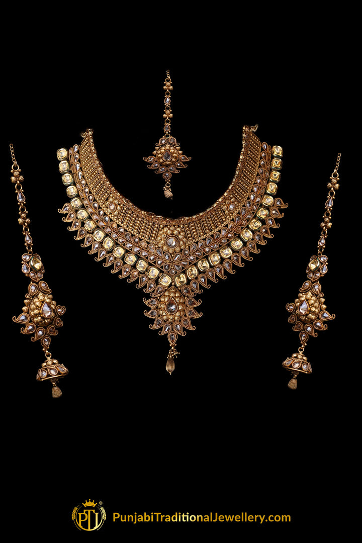 Antique Gold Choker Polki/Kundan Necklace Set By Punjabi Traditional Jewellery