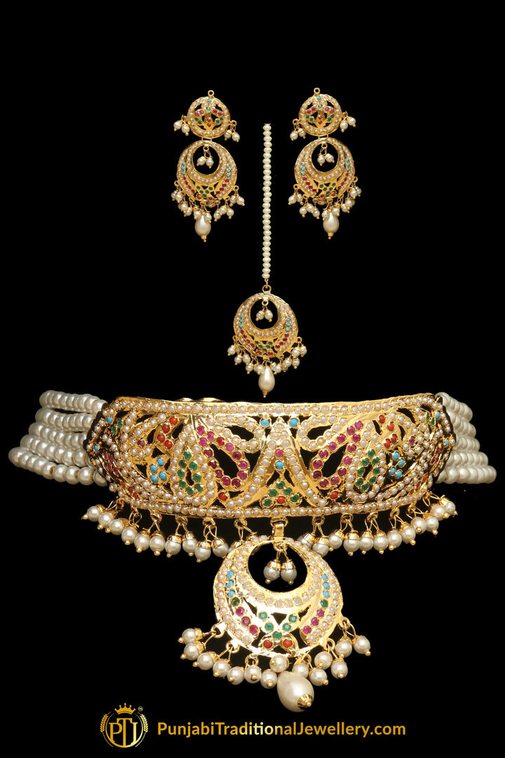 Multi Jadau Necklace Set By Punjabi Traditional Jewellery