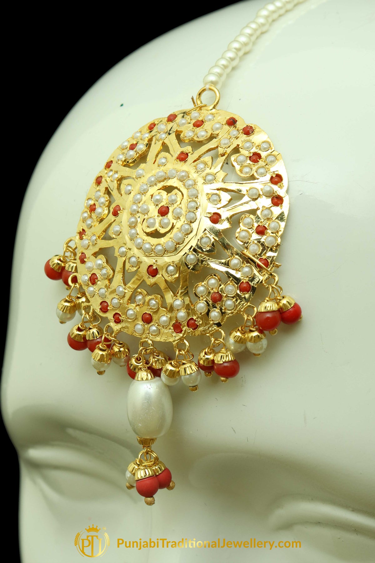 Gold Finished Rubby Jadau Earring Tikka Set By Punjabi Traditional Jewellery