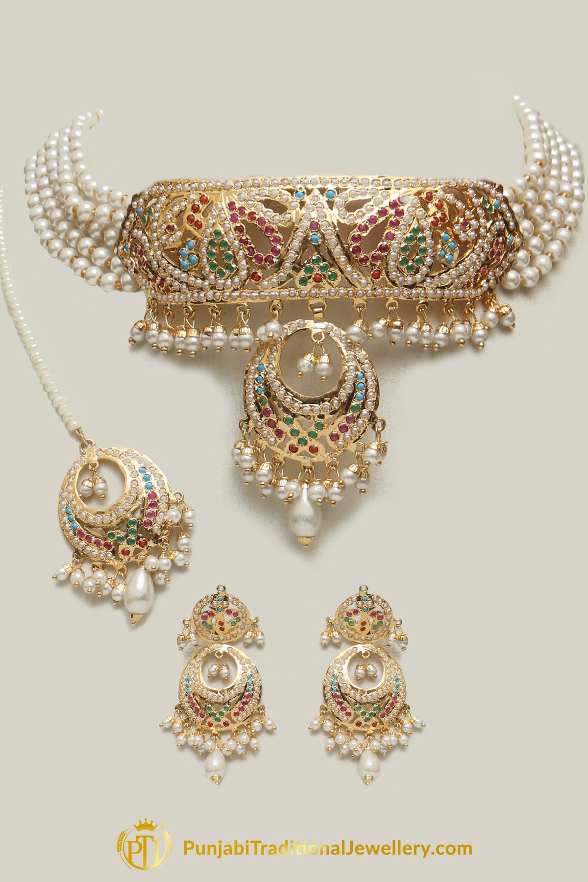 Jadau Multi Pearl Choker Necklace Set By Punjabi Traditional Jewellery