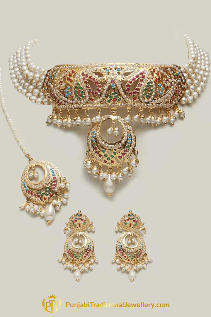 Jadau Multi Pearl Choker Necklace Set By Punjabi Traditional Jewellery